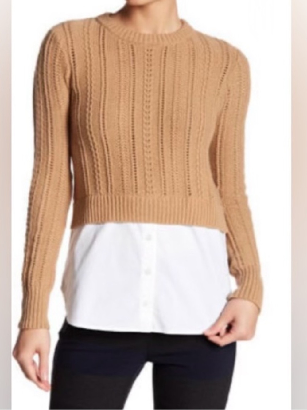 Veronica Beard Camel Cable-Knit Layered Crew Sweater